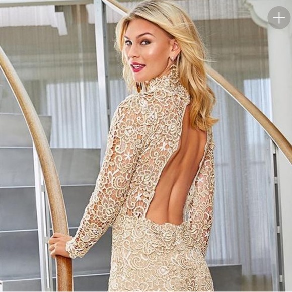 NWT Venus Gold Lace Open Back Midi Cocktail Dress Size 8 - Picture 2 of 13